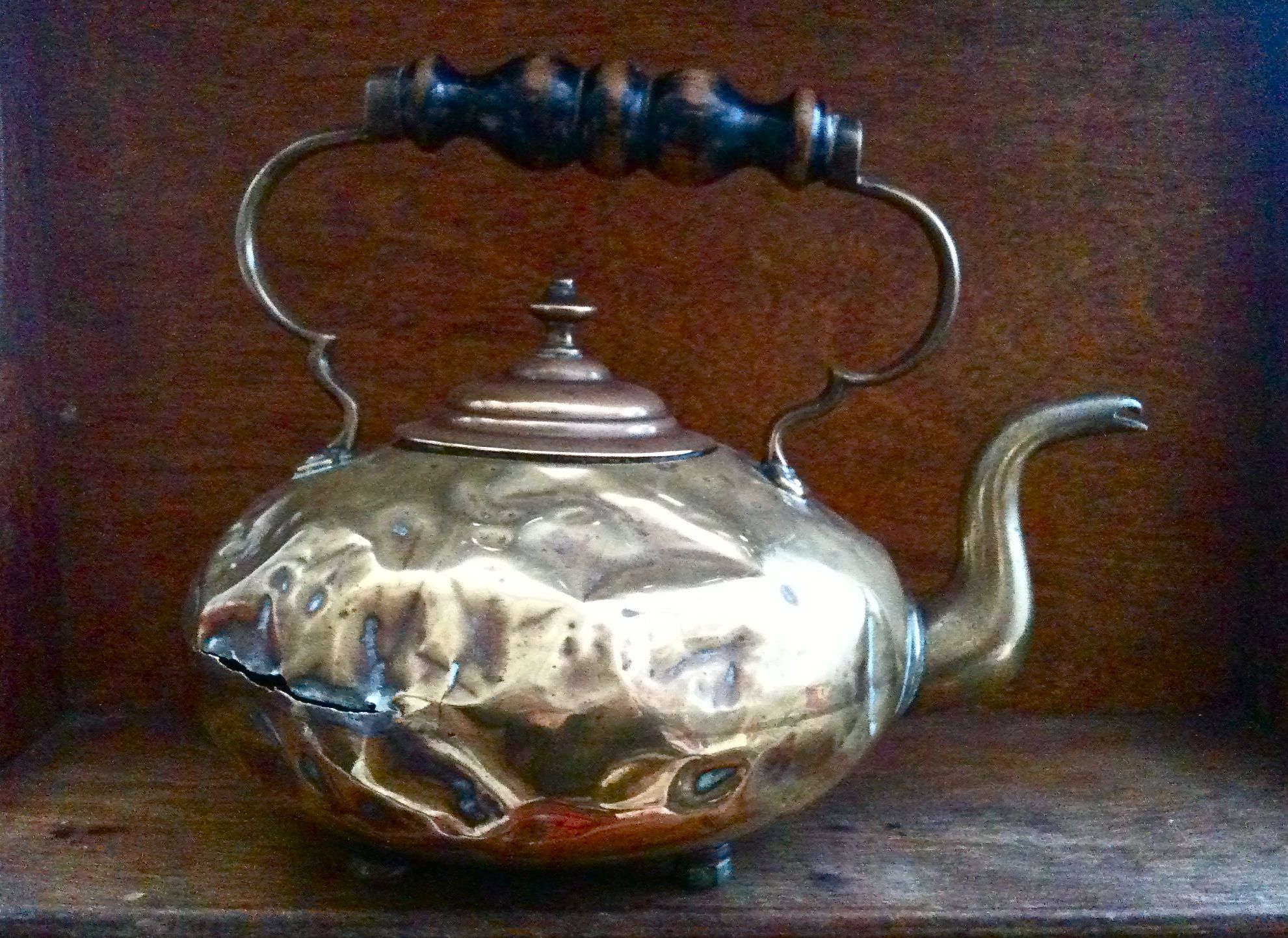 Antique English Brass Kettle With Wood Handle, Dented & Rip on Luulla